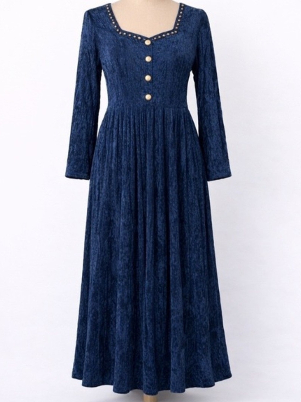 Vintage Roper Blue Velvet Long Sleeve Maxi Dress w/ Stud Detail